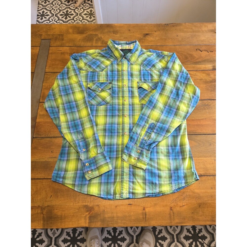 Wrangler 20X Shirt Mens L Long Sleeve Plaid Pearl Snap Western Cowboy Blue Green